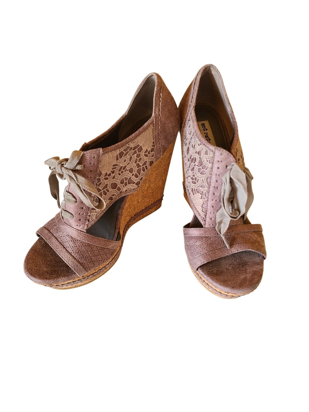 Not Rated Lace & Faux Suede Cork Wedge Sandals Gray Brown Size 9.5M